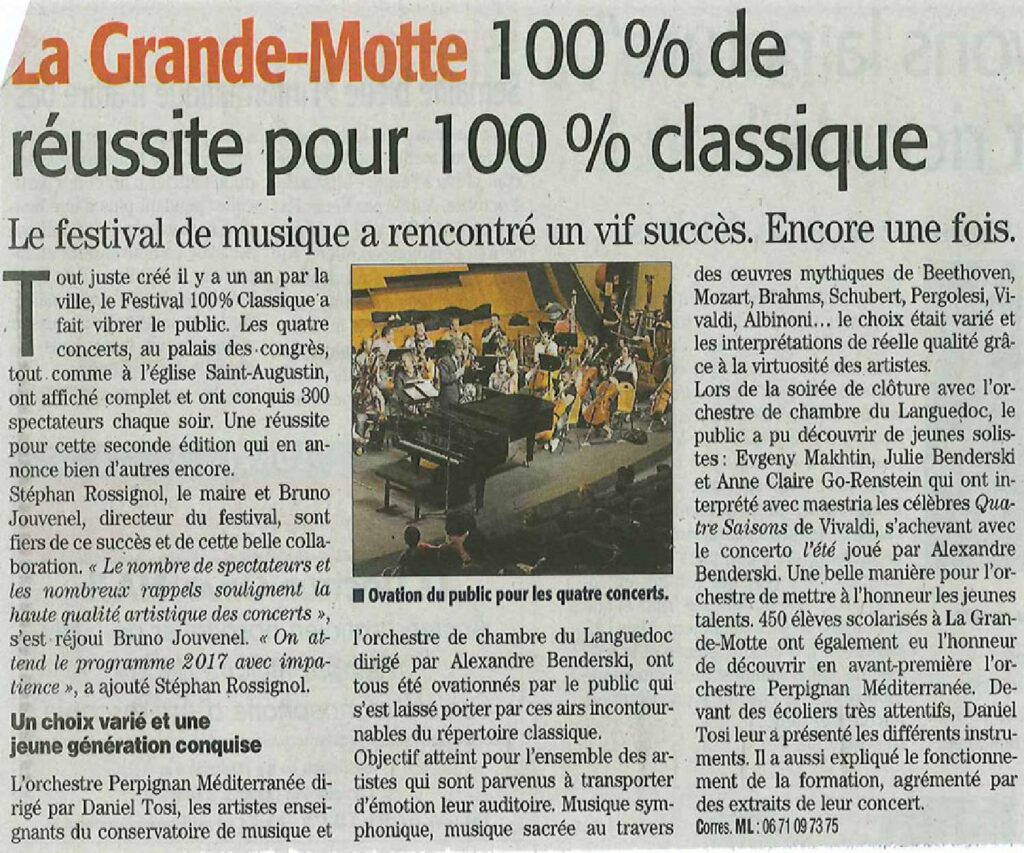 Article de Presse Midi-Libre 2016 - Festival 100 % Classique - Orchestre de Chambre du Languedoc