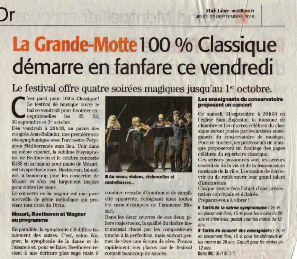 Article de Presse Midi-Libre 2016 - Festival 100 % Classique