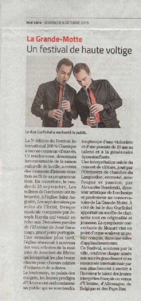 Article de presse du Midi-Libre - Festival 100 % Classique 2019