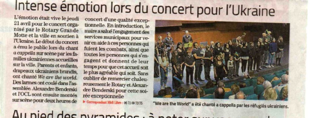 Article de Presse Midi-Libre (Mars 2022) Concert caritatif à Castelnau-Le-Lez au profit de l'Ukraine par l'Orchestre de Chambre du Languedoc