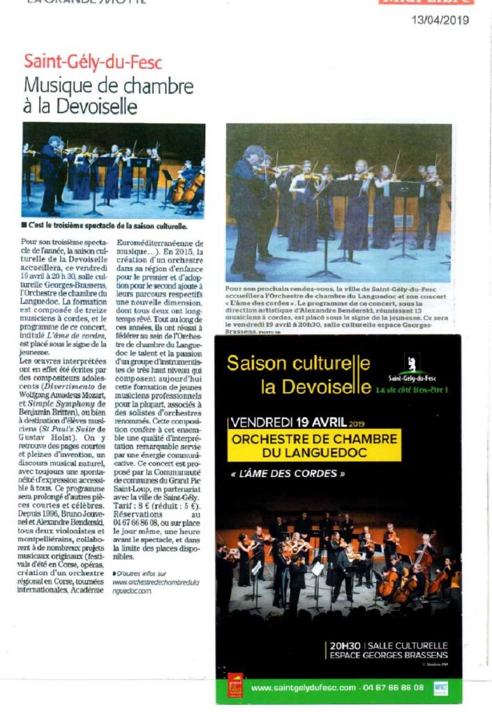 Article de Presse Midi-Libre 2019 - Concert de l'Orchestre de Chambre du Languedoc à St-Gely-du-Fesc